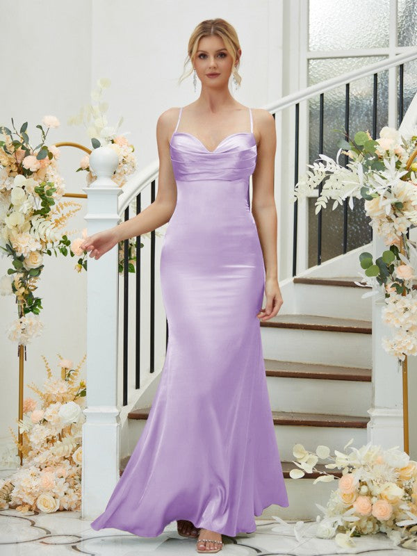 Sheath/Column Silk like Satin Ruched V-neck Sleeveless Floor-Length Bridesmaid Dresses Formal Evening Dress
