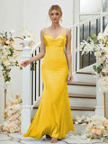 Sheath/Column Silk like Satin Ruched V-neck Sleeveless Floor-Length Bridesmaid Dresses Formal Evening Dress