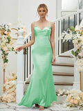 Sheath/Column Silk like Satin Ruched V-neck Sleeveless Floor-Length Bridesmaid Dresses Formal Evening Dress