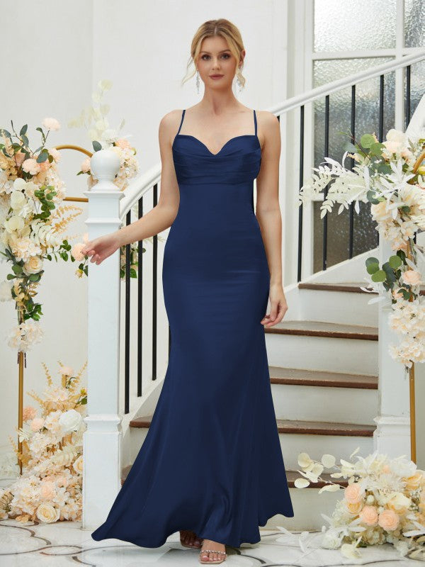 Sheath/Column Silk like Satin Ruched V-neck Sleeveless Floor-Length Bridesmaid Dresses Formal Evening Dress