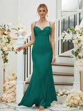 Sheath/Column Silk like Satin Ruched V-neck Sleeveless Floor-Length Bridesmaid Dresses Formal Evening Dress