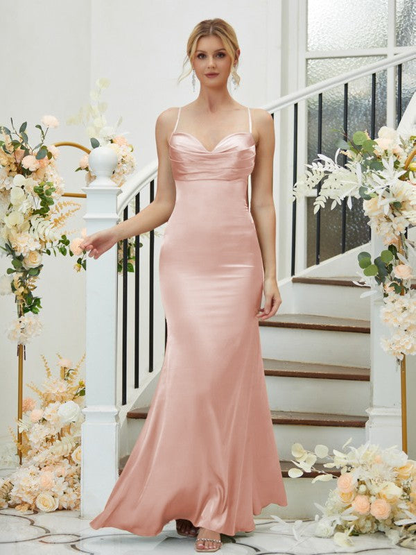 Sheath/Column Silk like Satin Ruched V-neck Sleeveless Floor-Length Bridesmaid Dresses Formal Evening Dress