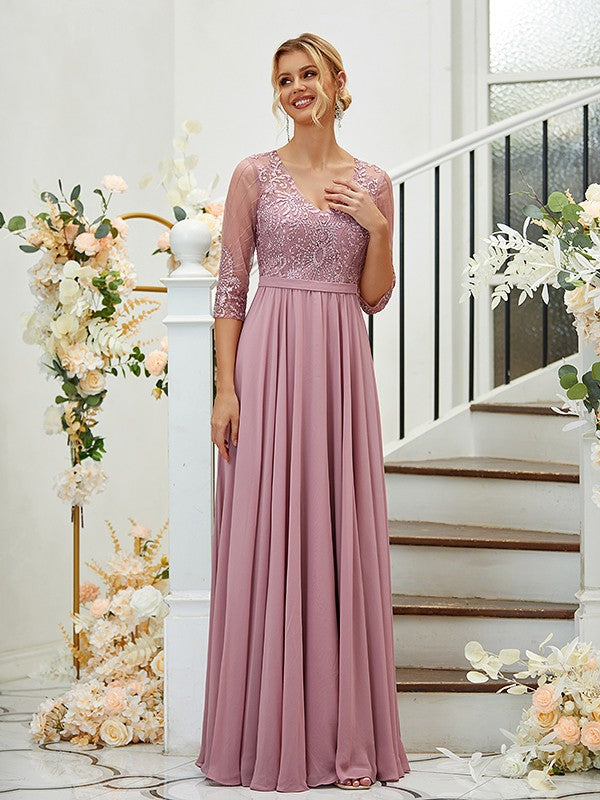A-Line/Princess Chiffon Lace V-neck 3/4 Sleeves Floor-Length Bridesmaid Dresses Formal Evening Dress