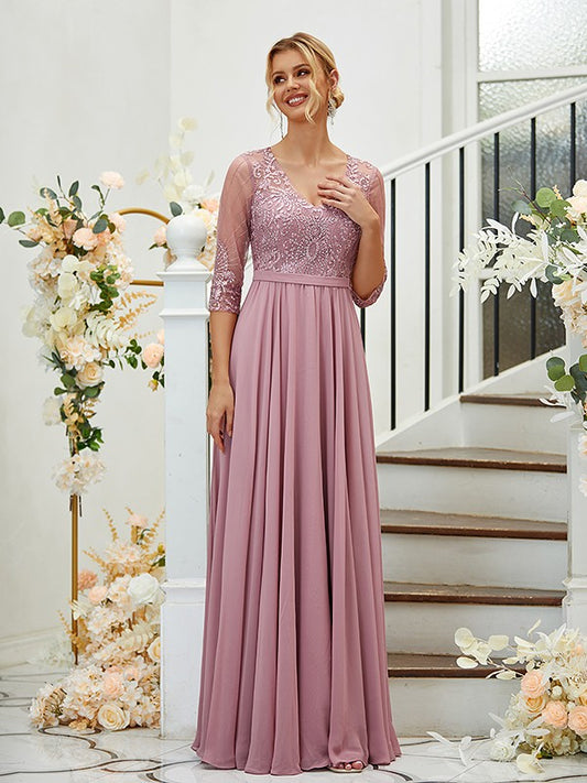 A-Line/Princess Chiffon Lace V-neck 3/4 Sleeves Floor-Length Bridesmaid Dresses Formal Evening Dress