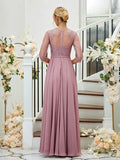 A-Line/Princess Chiffon Lace V-neck 3/4 Sleeves Floor-Length Bridesmaid Dresses Formal Evening Dress