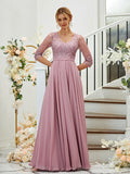 A-Line/Princess Chiffon Lace V-neck 3/4 Sleeves Floor-Length Bridesmaid Dresses Formal Evening Dress