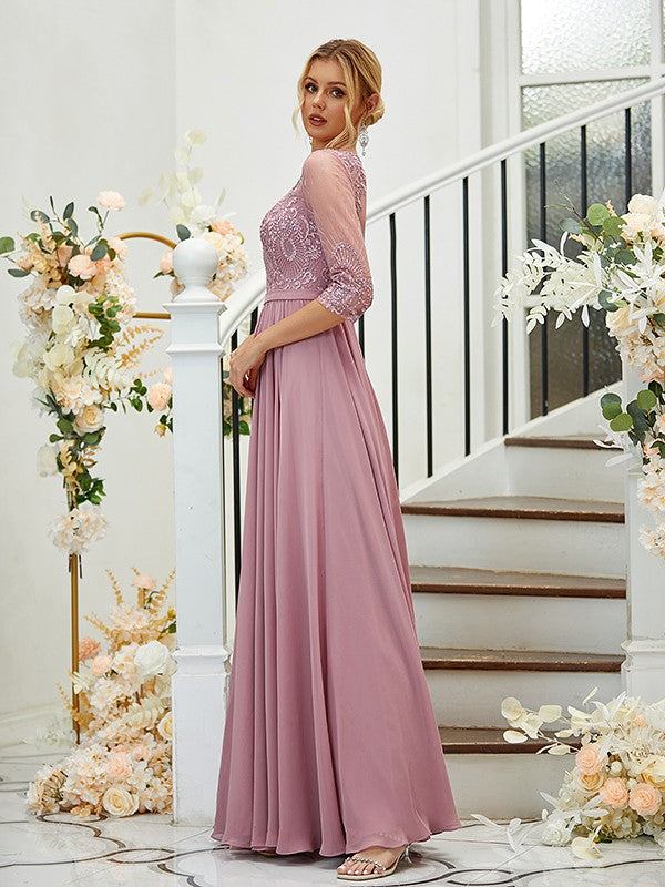 A-Line/Princess Chiffon Lace V-neck 3/4 Sleeves Floor-Length Bridesmaid Dresses Formal Evening Dress