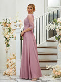 A-Line/Princess Chiffon Lace V-neck 3/4 Sleeves Floor-Length Bridesmaid Dresses Formal Evening Dress