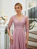 A-Line/Princess Chiffon Lace V-neck 3/4 Sleeves Floor-Length Bridesmaid Dresses Formal Evening Dress