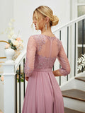 A-Line/Princess Chiffon Lace V-neck 3/4 Sleeves Floor-Length Bridesmaid Dresses Formal Evening Dress