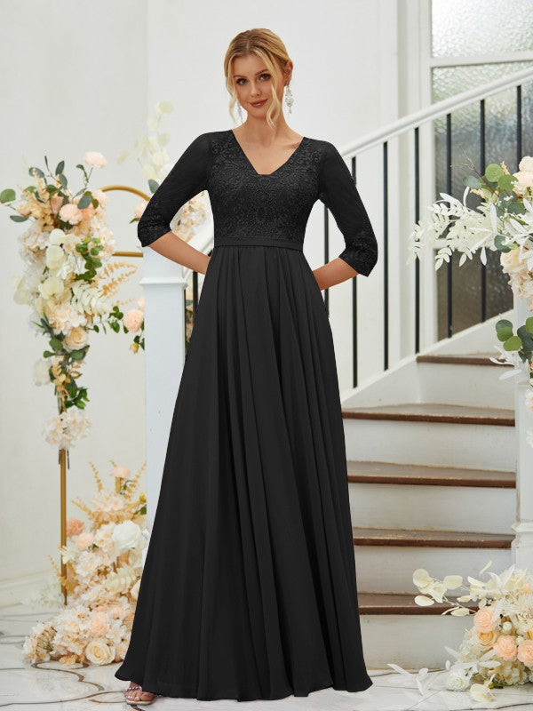 A-Line/Princess Chiffon Lace V-neck 3/4 Sleeves Floor-Length Bridesmaid Dresses Formal Evening Dress