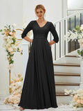 A-Line/Princess Chiffon Lace V-neck 3/4 Sleeves Floor-Length Bridesmaid Dresses Formal Evening Dress
