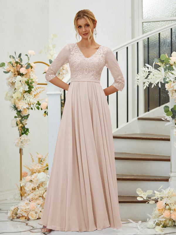 A-Line/Princess Chiffon Lace V-neck 3/4 Sleeves Floor-Length Bridesmaid Dresses Formal Evening Dress