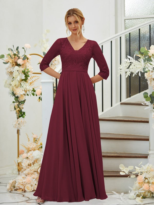 A-Line/Princess Chiffon Lace V-neck 3/4 Sleeves Floor-Length Bridesmaid Dresses Formal Evening Dress
