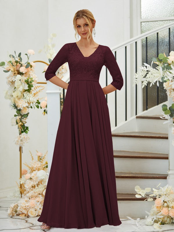 A-Line/Princess Chiffon Lace V-neck 3/4 Sleeves Floor-Length Bridesmaid Dresses Formal Evening Dress