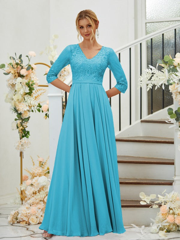 A-Line/Princess Chiffon Lace V-neck 3/4 Sleeves Floor-Length Bridesmaid Dresses Formal Evening Dress