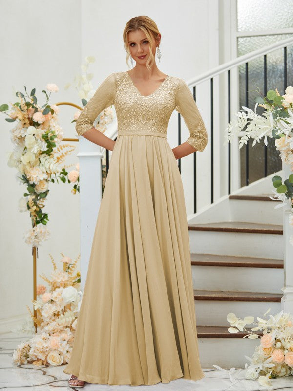 A-Line/Princess Chiffon Lace V-neck 3/4 Sleeves Floor-Length Bridesmaid Dresses Formal Evening Dress