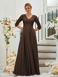 A-Line/Princess Chiffon Lace V-neck 3/4 Sleeves Floor-Length Bridesmaid Dresses Formal Evening Dress