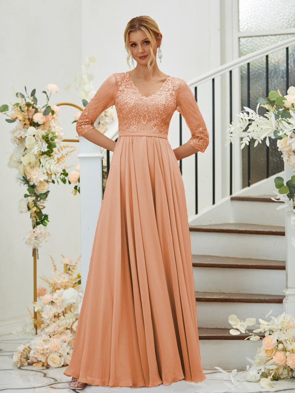 A-Line/Princess Chiffon Lace V-neck 3/4 Sleeves Floor-Length Bridesmaid Dresses Formal Evening Dress