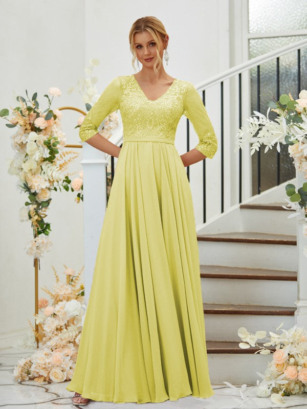 A-Line/Princess Chiffon Lace V-neck 3/4 Sleeves Floor-Length Bridesmaid Dresses Formal Evening Dress
