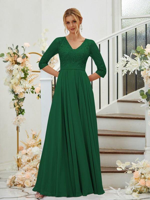 A-Line/Princess Chiffon Lace V-neck 3/4 Sleeves Floor-Length Bridesmaid Dresses Formal Evening Dress
