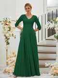 A-Line/Princess Chiffon Lace V-neck 3/4 Sleeves Floor-Length Bridesmaid Dresses Formal Evening Dress