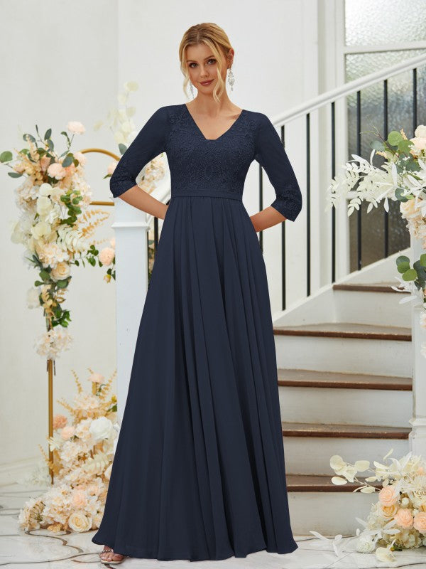 A-Line/Princess Chiffon Lace V-neck 3/4 Sleeves Floor-Length Bridesmaid Dresses Formal Evening Dress