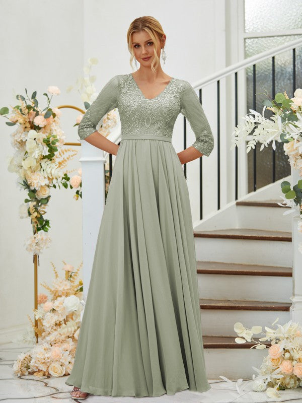 A-Line/Princess Chiffon Lace V-neck 3/4 Sleeves Floor-Length Bridesmaid Dresses Formal Evening Dress