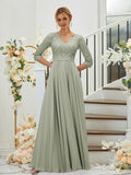 A-Line/Princess Chiffon Lace V-neck 3/4 Sleeves Floor-Length Bridesmaid Dresses Formal Evening Dress