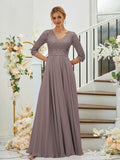 A-Line/Princess Chiffon Lace V-neck 3/4 Sleeves Floor-Length Bridesmaid Dresses Formal Evening Dress