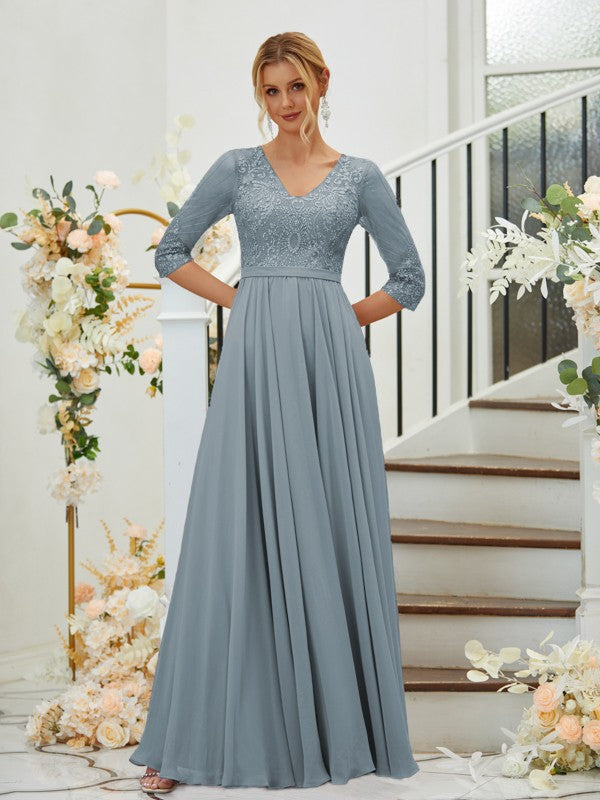 A-Line/Princess Chiffon Lace V-neck 3/4 Sleeves Floor-Length Bridesmaid Dresses Formal Evening Dress