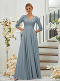 A-Line/Princess Chiffon Lace V-neck 3/4 Sleeves Floor-Length Bridesmaid Dresses Formal Evening Dress