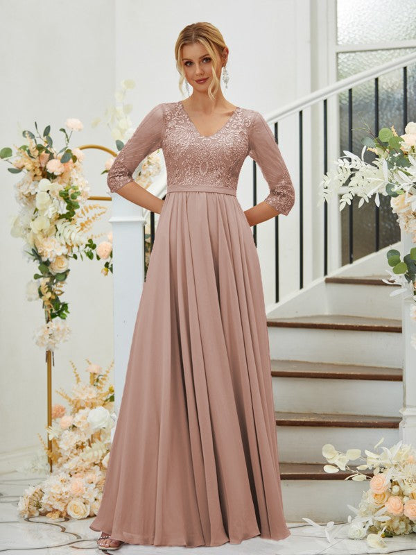 A-Line/Princess Chiffon Lace V-neck 3/4 Sleeves Floor-Length Bridesmaid Dresses Formal Evening Dress