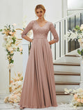 A-Line/Princess Chiffon Lace V-neck 3/4 Sleeves Floor-Length Bridesmaid Dresses Formal Evening Dress