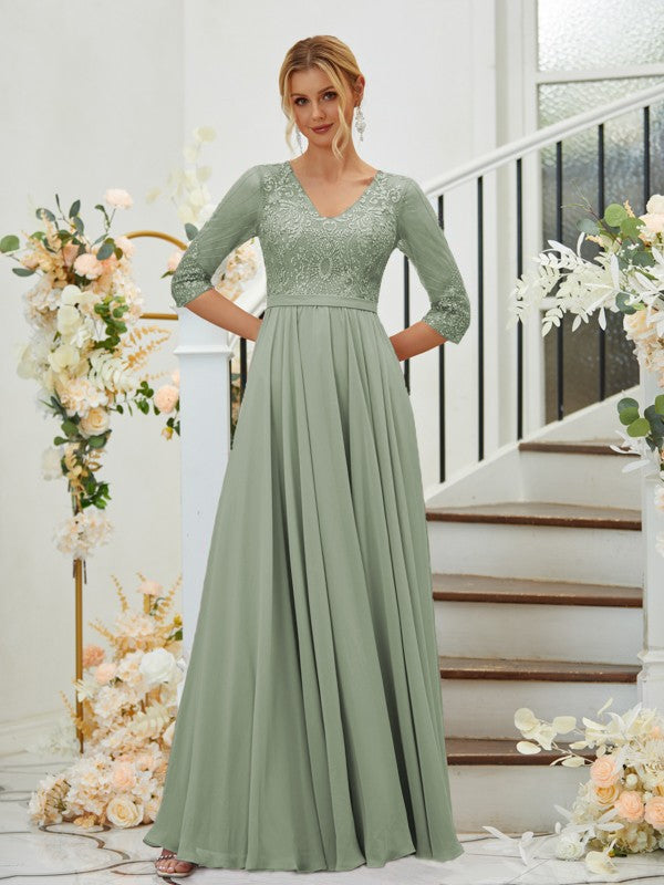 A-Line/Princess Chiffon Lace V-neck 3/4 Sleeves Floor-Length Bridesmaid Dresses Formal Evening Dress