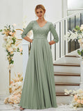 A-Line/Princess Chiffon Lace V-neck 3/4 Sleeves Floor-Length Bridesmaid Dresses Formal Evening Dress