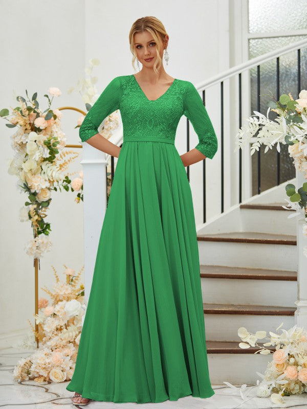 A-Line/Princess Chiffon Lace V-neck 3/4 Sleeves Floor-Length Bridesmaid Dresses Formal Evening Dress