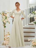 A-Line/Princess Chiffon Lace V-neck 3/4 Sleeves Floor-Length Bridesmaid Dresses Formal Evening Dress