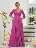 A-Line/Princess Chiffon Lace V-neck 3/4 Sleeves Floor-Length Bridesmaid Dresses Formal Evening Dress