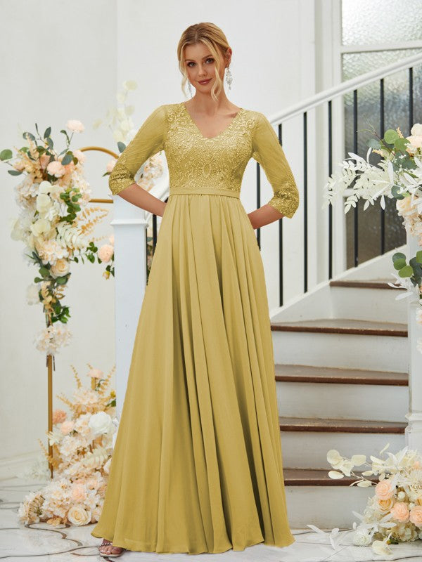 A-Line/Princess Chiffon Lace V-neck 3/4 Sleeves Floor-Length Bridesmaid Dresses Formal Evening Dress