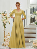 A-Line/Princess Chiffon Lace V-neck 3/4 Sleeves Floor-Length Bridesmaid Dresses Formal Evening Dress