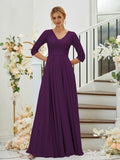 A-Line/Princess Chiffon Lace V-neck 3/4 Sleeves Floor-Length Bridesmaid Dresses Formal Evening Dress