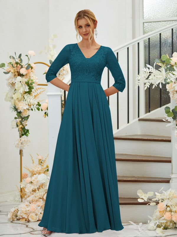 A-Line/Princess Chiffon Lace V-neck 3/4 Sleeves Floor-Length Bridesmaid Dresses Formal Evening Dress