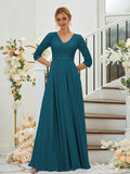 A-Line/Princess Chiffon Lace V-neck 3/4 Sleeves Floor-Length Bridesmaid Dresses Formal Evening Dress