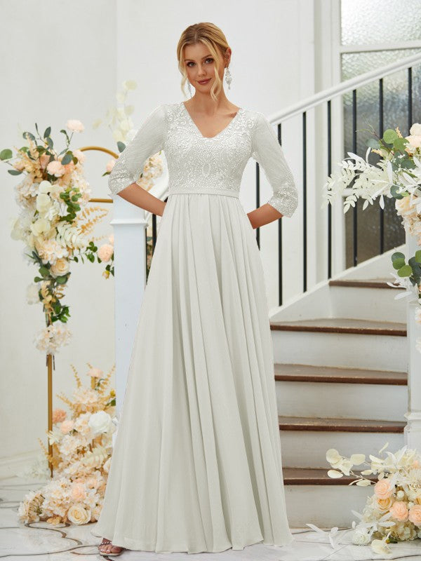 A-Line/Princess Chiffon Lace V-neck 3/4 Sleeves Floor-Length Bridesmaid Dresses Formal Evening Dress