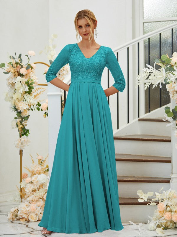 A-Line/Princess Chiffon Lace V-neck 3/4 Sleeves Floor-Length Bridesmaid Dresses Formal Evening Dress
