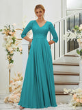 A-Line/Princess Chiffon Lace V-neck 3/4 Sleeves Floor-Length Bridesmaid Dresses Formal Evening Dress