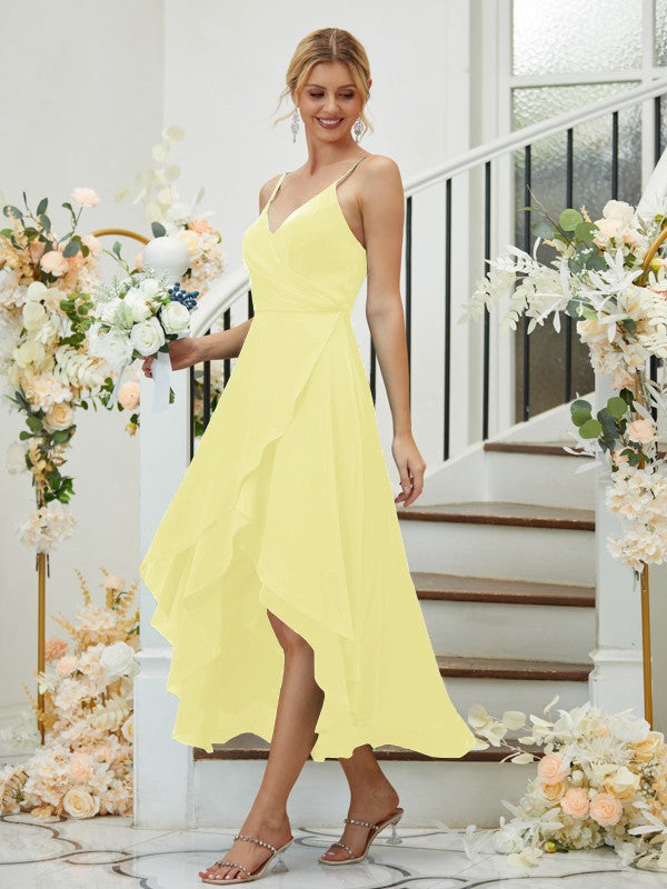 A-Linie/Princess-Linie Satin-Chiffon Gerüscht V-Ausschnitt Ärmellos Asymmetrisch Brautjungfernkleider