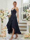 A-Linie/Princess-Linie Satin-Chiffon Gerüscht V-Ausschnitt Ärmellos Asymmetrisch Brautjungfernkleider