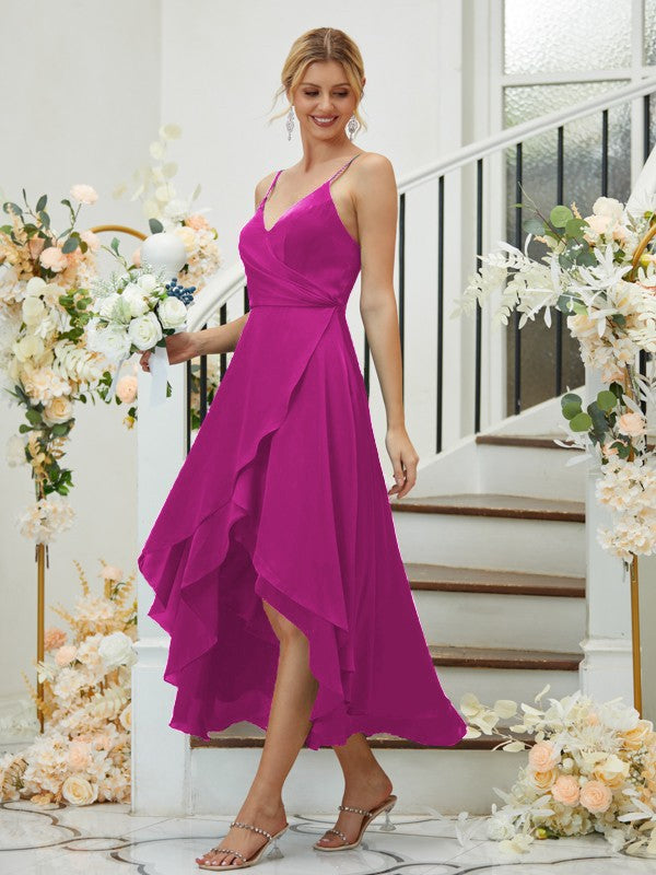 A-Linie/Princess-Linie Satin-Chiffon Gerüscht V-Ausschnitt Ärmellos Asymmetrisch Brautjungfernkleider